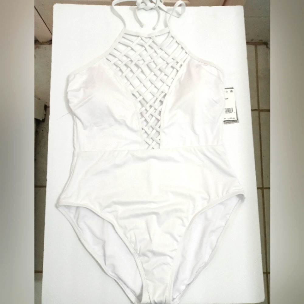 Kenneth Cole Standard High Neck Strappy Front Halter One Piece Swimsuit NWT